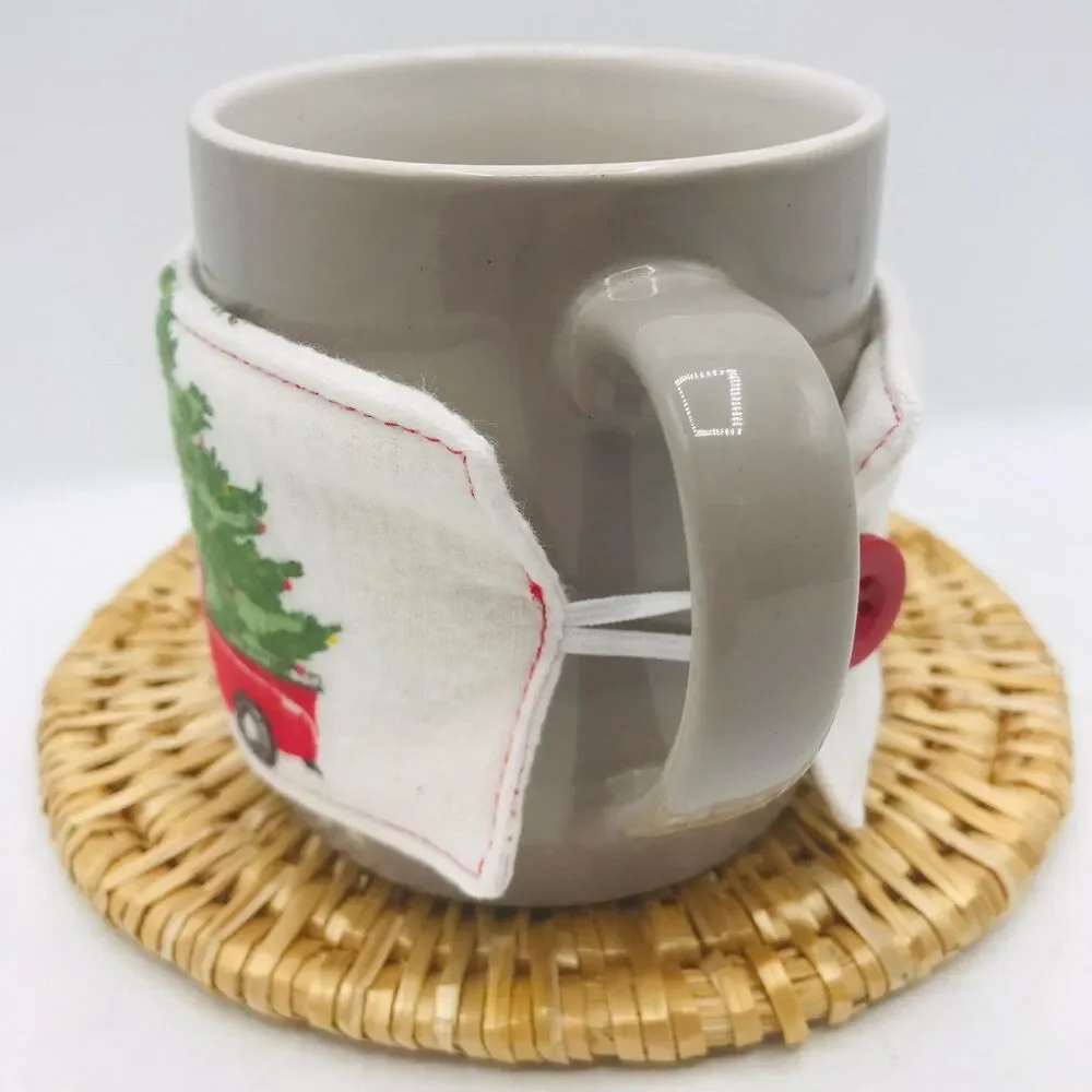 Handmade Mug Cozy, Flannel Little Red Truck, Hot Beverage Cozy, Stocking Stuffer